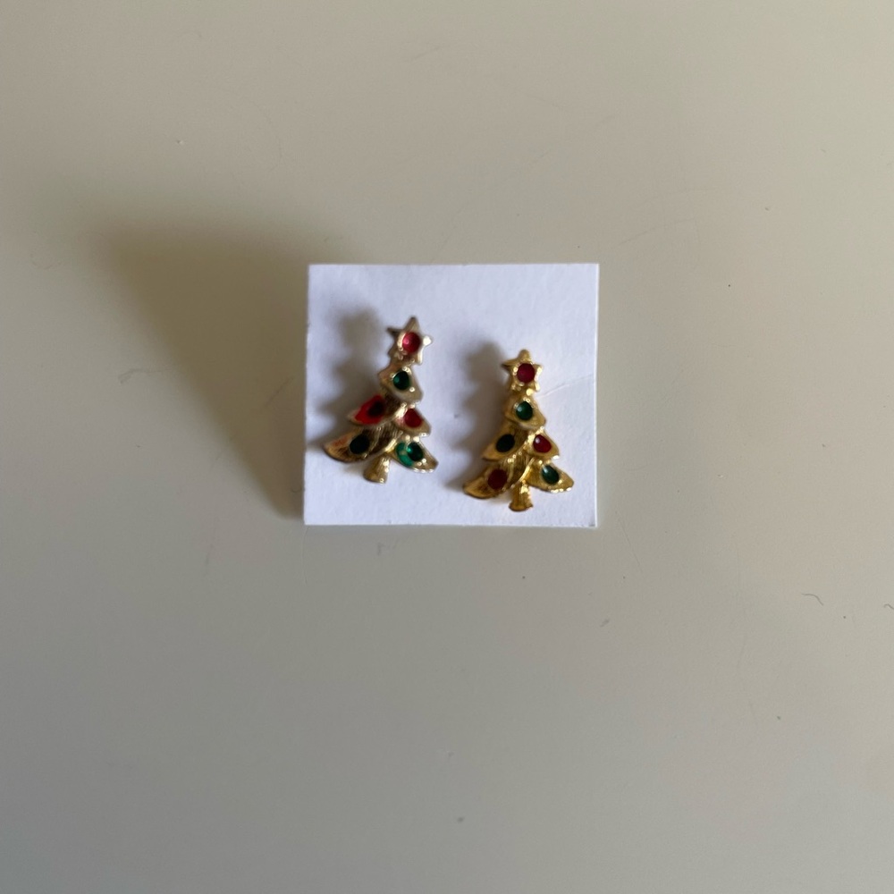 Gold Tone Christmas Tree Stud Earrings with Red & Green Accents